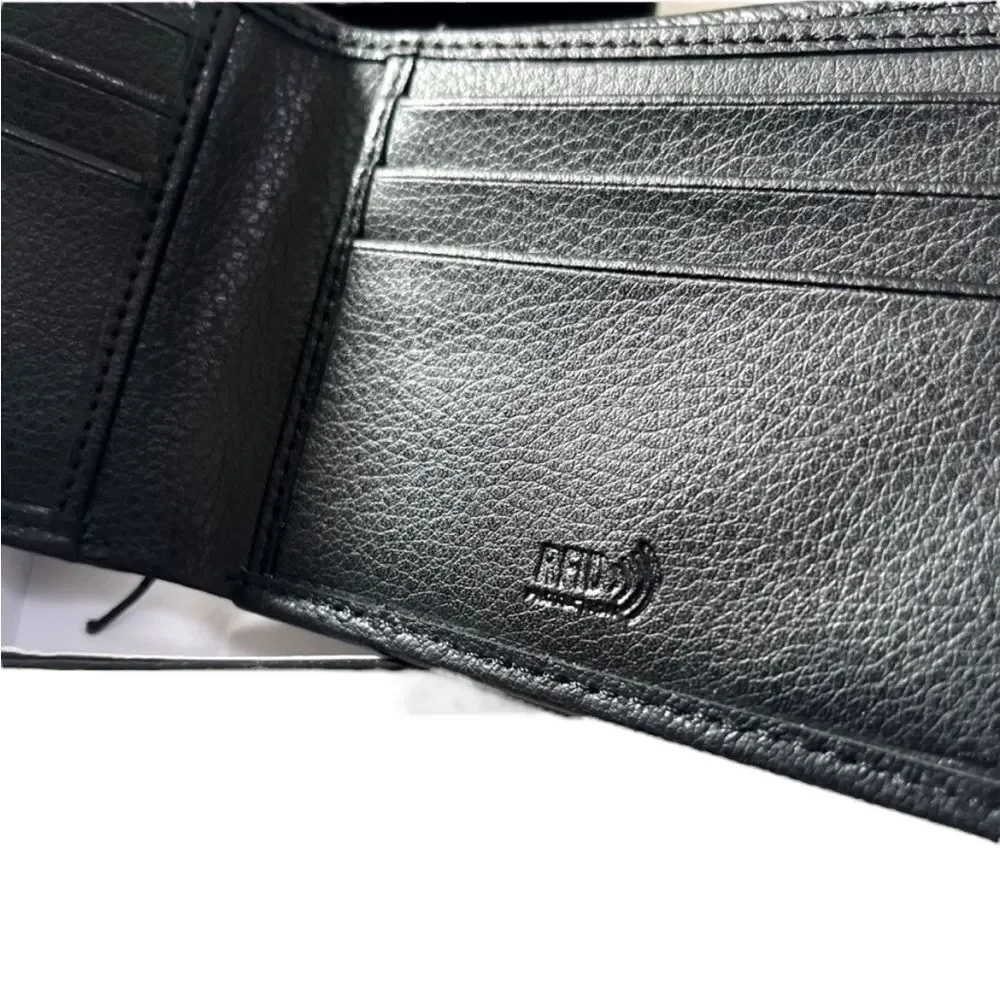 New TRUE RELIGION Slim Bifold Wallet Leather Logo Black Boxed ID Horner RFID‎ X